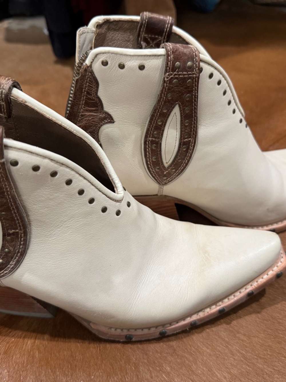Ariat Cream and Brown Studded Western Ankle Booties - Picture 3 of 5